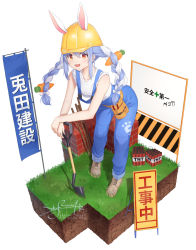 Rule 34 | 1girl, alternate costume, animal ears, artist name, belt, blue hair, blue pants, braid, brown footwear, collarbone, commentary request, explosive, flag, food-themed hair ornament, full body, grass, hair between eyes, hair ornament, hat, helmet, highres, holding, hololive, leaning forward, long braid, long hair, looking at viewer, minecraft, open mouth, overalls, pants, planted, planted shovel, rabbit ears, rabbit girl, rabbit tail, red eyes, shirt, shoes, shovel, sign, skyrail, sleeveless, smile, socks, solo, standing, tail, tnt, tnt block (minecraft), tool belt, translation request, twin braids, usada pekora, virtual youtuber, white background, white hair, white shirt
