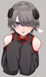Rule 34 | 1boy, agamemega, bare shoulders, blush, collared shirt, grey background, grey hair, hair over one eye, heart, highres, horns, male focus, number only commentary, original, purple eyes, shirt, short hair, simple background, solo, tongue, tongue out, trap, upper body, very long sleeves
