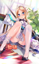 Rule 34 | 1girl, abigail williams (fate), abigail williams (festival outfit) (fate), asymmetrical legwear, black dress, black footwear, blonde hair, blush, breasts, butterfly hair ornament, closed mouth, commentary request, curtains, dress, dutch angle, fate/grand order, fate (series), forehead, hair ornament, heroic spirit festival outfit, high heels, indoors, jin young-in, long hair, long sleeves, looking at viewer, official alternate costume, on floor, panties, parted bangs, plant, pumps, revision, shirt, shoes, sidelocks, sitting, sleeveless, sleeveless dress, sleeves past fingers, sleeves past wrists, small breasts, solo, spill, stuffed animal, stuffed toy, teddy bear, thighhighs, thighhighs pull, transparent, underwear, uneven legwear, very long hair, water, wet, wet clothes, wet shirt, white panties, white shirt, white thighhighs, window