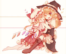 Rule 34 | 2girls, apron, back bow, black dress, blonde hair, blush, boots, bow, braid, brown footwear, buttons, closed eyes, cross-laced footwear, crystal, dress, fang, flandre scarlet, frilled dress, frilled shirt collar, frilled skirt, frilled sleeves, frills, hat, hat bow, hat ribbon, heart, kirisame marisa, long hair, medium hair, mob cap, multiple girls, one side up, open mouth, puffy short sleeves, puffy sleeves, red bow, red ribbon, red shirt, red skirt, ribbon, shirt, short sleeves, simple background, skirt, sorani (kaeru0768), teeth, touhou, upper teeth only, waist apron, white background, white bow, white ribbon, wings, witch hat, yellow eyes, yuri