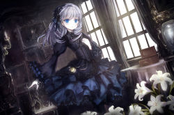 Rule 34 | 1girl, blue eyes, candle, corset, dutch angle, flower, gothic lolita, highres, lily (flower), lolita fashion, long hair, missile228, original, pocket watch, silver hair, solo, watch, window