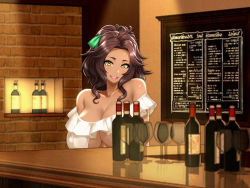 Rule 34 | 1girl, alcohol, bar (place), bare shoulders, bottle, breasts, brown hair, cleavage, cup, dark-skinned female, dark skin, female focus, happy, high ponytail, huge breasts, indoors, long hair, looking at viewer, maeda r44, off shoulder, open mouth, original, ponytail, sitting, smile, solo, upper body, uwasa no kasshokuzuma &quot;anita&quot; to sugosu noumitsu na 7-kakan, wi-fe hacker, wine, yellow eyes