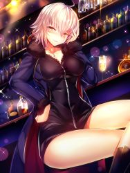 Rule 34 | 1girl, ahoge, alcohol, blonde hair, bottle, breasts, chair, commentary request, cup, fate/grand order, fate (series), hair between eyes, highres, holding, indoors, jacket, jeanne d&#039;arc (fate), jeanne d&#039;arc alter (fate), jeanne d&#039;arc alter (ver. shinjuku 1999) (fate), large breasts, crossed legs, long sleeves, looking at viewer, miniskirt, official alternate costume, short hair, silly (marinkomoe), sitting, skirt, smile, solo, table, thighs, wine, wine bottle, yellow eyes