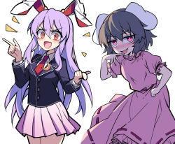 Rule 34 | 2girls, animal ears, arm up, belt, black jacket, blush, breasts, buttons, carrot necklace, collared jacket, collared shirt, commentary, commentary request, crescent, crescent pin, dress, e.o., eyelashes, fingernails, frills, grey hair, hair between eyes, hand on own hip, hand up, hands up, highres, inaba tewi, jacket, jewelry, long fingernails, long hair, long sleeves, looking away, looking to the side, medium breasts, miniskirt, multiple girls, naughty face, necklace, necktie, open mouth, pink dress, pink eyes, pink skirt, pointing, puffy short sleeves, puffy sleeves, purple belt, purple hair, rabbit ears, red eyes, red necktie, reisen udongein inaba, shadow, shirt, short hair, short sleeves, simple background, skirt, smile, smug, standing, tongue, touhou, v-shaped eyebrows, white background, white shirt