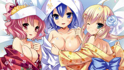 Rule 34 | 3girls, blonde hair, blue eyes, blue hair, blush, breasts, cleavage, female focus, green eyes, inugahora an, japanese clothes, kimono, large breasts, looking at viewer, multiple girls, one eye closed, original, parted lips, pink hair, red eyes, smile