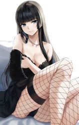 Rule 34 | 1girl, black dress, black hair, black pantyhose, blunt bangs, blush, breasts, chain, cleavage, detached sleeves, dress, fishnet pantyhose, fishnets, grey eyes, highres, jewelry, large breasts, long hair, looking at viewer, necklace, nicky w, original, pantyhose, sitting, sleeveless, sleeveless dress, smile, solo, thigh strap