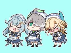 Rule 34 | &gt; &lt;, 1girl, 2boys, :&lt;, :d, ahoge, alhaitham (genshin impact), apron, aqua background, aqua hair, black footwear, blonde hair, blue bow, blue bowtie, blue dress, blush, bow, bowtie, brooch, chibi, closed eyes, closed mouth, commentary, crossdressing, crying, double-parted bangs, dress, earrings, faruzan (cafe) (genshin impact), faruzan (genshin impact), feather hair ornament, feathers, frilled apron, frilled dress, frilled sleeves, frills, full body, genshin impact, green eyes, green hair, grey hair, hair between eyes, hair intakes, hair ornament, hair over one eye, hands on own hips, jewelry, kaveh (genshin impact), leaning forward, long hair, maid, maid headdress, multiple boys, one eye covered, open mouth, outline, parted bangs, puffy short sleeves, puffy sleeves, shoes, short hair, short sleeves, sidelocks, simple background, smile, standing, swept bangs, symbol-only commentary, tears, twintails, u u, v-shaped eyebrows, very hato, waist apron, wavy mouth, white apron, white dress, white outline, x hair ornament