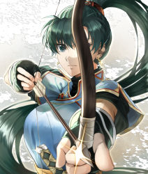 Rule 34 | 1girl, abstract background, aiming, aiming at viewer, arrow (projectile), blue dress, bow (weapon), breasts, delsaber, dress, earrings, fingerless gloves, fire emblem, fire emblem: the blazing blade, frown, furrowed brow, gloves, green eyes, green hair, jewelry, katana, long hair, looking at viewer, lyn (fire emblem), nintendo, ponytail, shine, sword, weapon