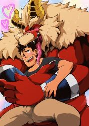 Rule 34 | 2boys, bara, beard, black hair, blush, clothed male nude male, colored skin, curled horns, dragon horns, facial hair, feet out of frame, forked eyebrows, from below, furry, furry male, furry with non-furry, gardie (otsukimi), happy, heart, horns, hug, hug from behind, huge eyebrows, interspecies, kouhei (otsukimi), large hands, licking, licking another&#039;s cheek, licking another&#039;s face, lion hair, long tongue, male focus, multiple boys, muscular, muscular male, nude, one eye closed, original, otsukimi, red skin, short hair, sideburns, sideburns stubble, size difference, smile, stubble, thick eyebrows, tongue, topless male, yaoi