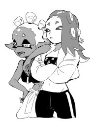 Rule 34 | 2girls, bare shoulders, black bra, black tube top, bra, breasts, cephalopod eyes, collarbone, commentary, cropped legs, crossed arms, dark-skinned female, dark skin, dede (qwea 00000), earrings, fangs, frye (splatoon), greyscale, groin, half-closed eye, hand on another&#039;s shoulder, hand on own hip, inkling, jacket, jewelry, long hair, looking at another, midriff, monochrome, multiple girls, navel, nintendo, octoling, official alternate costume, open mouth, pants, parted lips, pointy ears, shiver (splatoon), short eyebrows, simple background, single earring, splatoon (series), splatoon 3, star-shaped pupils, star (symbol), strapless, suction cups, symbol-only commentary, symbol-shaped pupils, tentacle hair, tongue, tongue out, track pants, tube top, underwear, white background