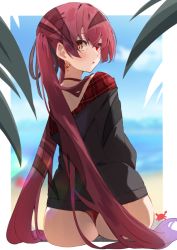Rule 34 | 1girl, ass, beach, bikini, bikini under clothes, black jacket, blurry, blurry background, blush, border, commentary request, earrings, from behind, heterochromia, hololive, houshou marine, houshou marine (summer), jacket, jewelry, long hair, long sleeves, looking back, no pants, official alternate costume, open mouth, orange eyes, red bikini, red eyes, red hair, shadow, sidelocks, sitting, solo, swimsuit, swimsuit under clothes, tsushi, twintails, very long hair, virtual youtuber, white border