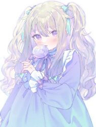 Rule 34 | 1girl, alternate costume, alternate hairstyle, blush, bow, candy, dress, food, frilled shirt collar, frills, green bow, green dress, green hair, highres, holding, holding candy, holding food, holding lollipop, kusanagi nene, licking, lollipop, long sleeves, looking at viewer, low-tied sidelocks, project sekai, purple bow, purple eyes, shiguri, simple background, solo, twintails, upper body, white background