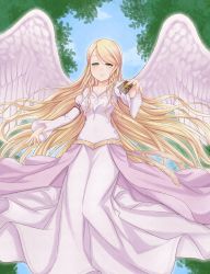 Rule 34 | 1girl, absurdres, atorie, bird, blonde hair, card, commission, dress, fire emblem, fire emblem: radiant dawn, green eyes, heron, highres, holding, leanne (fire emblem), long hair, looking at viewer, magic, nintendo, pixiv commission, smile, solo, wings
