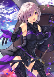 Rule 34 | 1girl, armor, armored dress, bare shoulders, black armor, black dress, black gauntlets, black greaves, black thighhighs, blurry, breasts, cloud, cowboy shot, day, depth of field, detached sleeves, dress, elbow gloves, eyes visible through hair, fate/grand order, fate (series), female focus, from side, gauntlets, gloves, greaves, hair over one eye, highres, holding, holding hands, holding shield, holding weapon, large breasts, light purple hair, lips, looking at viewer, mash kyrielight, navel, open mouth, outdoors, outstretched hand, parted lips, purple eyes, purple gloves, scottie (phantom2), shield, shiny clothes, shiny skin, short hair, sky, sleeveless, sleeveless dress, smile, solo, standing, thigh strap, thighhighs, type-moon, weapon