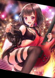 Rule 34 | 1girl, :d, absurdres, armpit crease, asymmetrical clothes, bang dream!, bare shoulders, black choker, black hair, black jacket, black shorts, black socks, blush, bob cut, breasts, chain, chain necklace, choker, cleavage, collarbone, commentary request, concert, cowboy shot, crop top, drawstring, electric guitar, fireworks, fukuzawa yukichi (egoist867), guitar, highres, holding, holding instrument, holding plectrum, hood, hood down, hooded jacket, instrument, jacket, jewelry, kneehighs, leg up, letterboxed, long sleeves, looking to the side, medium breasts, midriff, mitake ran, multicolored hair, multiple straps, necklace, off-shoulder jacket, off shoulder, open clothes, open jacket, open mouth, plectrum, purple eyes, red hair, red shirt, shirt, short hair, short shorts, shorts, sidelocks, smile, socks, solo, stage, stage lights, standing, streaked hair, thigh strap