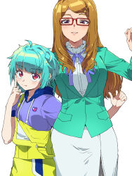 Rule 34 | 2girls, ahoge, akai meganee, blue hair, blue hoodie, blue ribbon, blunt bangs, breasts, brown hair, closed mouth, commentary request, cowboy shot, formal, glasses, green jacket, hand up, highres, hood, hood down, hoodie, jacket, large breasts, long hair, long sleeves, looking at viewer, multiple girls, neck ribbon, omega auru, open mouth, pretty series, red-framed eyewear, red eyes, ribbon, shirt, short hair, simple background, skirt, skirt suit, smile, standing, suit, tsujii luki, waccha primagi!, white background, white shirt, white skirt, yellow overalls