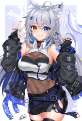 Rule 34 | 1girl, absurdres, ahoge, animal ear fluff, animal ears, armpits, bare shoulders, belt, black choker, black gloves, black jacket, black skirt, black thighhighs, blouse, blue eyes, bodystocking, braid, breasts, choker, cleavage, cleavage cutout, clothing cutout, collared shirt, covered navel, cowboy shot, crop top, fingerless gloves, fox ears, fox girl, fox tail, gloves, grey hair, hair ornament, hairclip, hands up, heterochromia, highres, indie virtual youtuber, jacket, jewelry, large breasts, long hair, long sleeves, looking at viewer, miniskirt, mole, mole on breast, mole under eye, multicolored hair, multiple rings, neiomi cielo, nez-box, off shoulder, open clothes, open jacket, orange eyes, ring, shirt, side slit, skirt, smile, solo, standing, streaked hair, symbol-shaped pupils, tail, thighhighs, thighs, very long hair, virtual youtuber, white shirt, zettai ryouiki