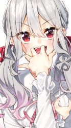 Rule 34 | 1girl, absurdres, commentary request, fang, fingernails, gradient hair, grey hair, hair between eyes, hair ribbon, hand to own mouth, highres, long hair, looking at viewer, low twintails, multicolored hair, neck ribbon, original, pink hair, pink ribbon, red eyes, red ribbon, ribbon, sakuragi ren, shirt, solo, twintails, white shirt