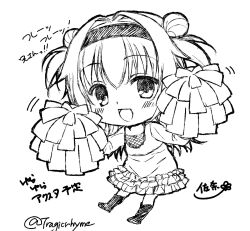 Rule 34 | 1girl, :d, alternate costume, black hairband, black socks, blush, cheering, chibi, chitose sana, commentary request, double bun, frilled skirt, frills, hair between eyes, hair bun, hair intakes, hairband, hands up, highres, holding, holding pom poms, kneehighs, long hair, looking at viewer, monochrome, motion lines, open mouth, partially translated, pom pom (cheerleading), pom poms, shirt, simple background, sketch, skirt, smile, socks, solo, standing, tenshinranman, tragicrhyme, translation request, twitter username, two side up, white background