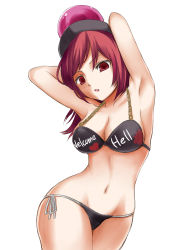 Rule 34 | 1girl, absurdres, arms up, bad id, bad pixiv id, bikini, black bikini, breasts, chain, cleavage, clothes writing, cowboy shot, gold chain, hecatia lapislazuli, highres, looking at viewer, navel, red eyes, red hair, side-tie bikini bottom, simple background, solo, swimsuit, techi (techi35499), touhou, white background
