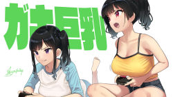 Rule 34 | 2girls, black hair, black shorts, breasts, camisole, cleavage, closed mouth, collarbone, colored eyelashes, commentary request, controller, fang, game controller, holding, holding controller, holding game controller, indian style, kaedeko (kaedelic), large breasts, multiple girls, open mouth, original, playing, purple eyes, red eyes, sasaki kanna (kaedeko), sasaki miyuki (kaedeko), short shorts, shorts, siblings, side ponytail, signature, simple background, sisters, sitting, thighs, twintails, white background, yellow camisole