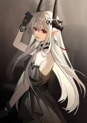 Rule 34 | 1girl, :d, absurdres, arknights, arm up, bare back, bare shoulders, black choker, black dress, black gloves, choker, commentary, dress, duohelengshuiba, earrings, gloves, grey background, highres, horns, jewelry, long hair, looking at viewer, mudrock (arknights), mudrock (obsidian) (arknights), off-shoulder dress, off shoulder, official alternate costume, open mouth, red eyes, short sleeves, smile, solo, very long hair, white hair
