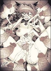 Rule 34 | 1girl, 6+boys, bajou takurou, blush, breasts, censored, censored food, collar, completely nude, cum, demon horns, demon tail, ejaculation, erection, excessive pubic hair, eyes visible through hair, fairy, fairy wings, female pubic hair, fingernails, flaccid, gauntlets, greyscale, grin, hair between eyes, hatching (texture), horns, long fingernails, long hair, looking at another, lying, medium breasts, mini person, miniboy, monochrome, mosaic censoring, multiple boys, multiple penises, navel, nipples, nude, on back, one eye closed, original, penis, pillow, pubic hair, pussy, sharp fingernails, sharp teeth, signature, single gauntlet, smile, spread legs, surrounded by penises, sweat, tail, teeth, tongue, tongue out, upper teeth only, veins, veiny penis, wide-eyed, wings