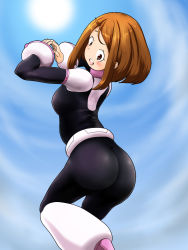 Rule 34 | 10s, 1girl, ass, belt, blush, blush stickers, bodysuit, boku no hero academia, boots, breasts, brown eyes, brown hair, from behind, highres, looking back, looking down, medium breasts, open mouth, parted lips, shiny clothes, short hair, sideboob, skin tight, smile, sneezy, solo, uraraka ochako