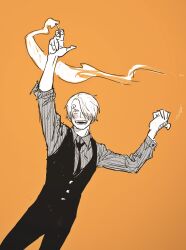 Rule 34 | 1boy, blonde hair, blush, cigarette, collared shirt, curly eyebrows, facial hair, feet out of frame, goatee, hair over one eye, highres, holding, holding cigarette, loose necktie, male focus, monochrome, necktie, no.6 (numberr 6), one piece, orange theme, pointing, pointing forward, sanji (one piece), shirt, short hair, smoke, solo, standing