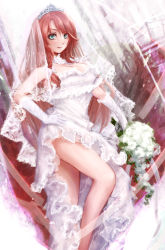 Rule 34 | 1girl, aqua eyes, bare arms, bare legs, bouquet, braid, breasts, bridal veil, cleavage, cleavage cutout, clothing cutout, dress, elbow gloves, flower, gloves, hand on own hip, highres, hong meiling, hoshibuchi, large breasts, long hair, looking at viewer, md5 mismatch, red hair, side slit, sleeveless, sleeveless dress, solo, standing, tiara, touhou, twin braids, veil, very long hair, wedding dress, white gloves