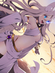 Rule 34 | 1girl, animal ear fluff, animal ears, bangle, black thighhighs, blue eyes, bracelet, breasts, cleavage, detached sleeves, dress, fox ears, fox tail, jewelry, light trail, long hair, lots of jewelry, navel, ni02 (asahi nini), open mouth, outstretched arms, pink hair, pixiv fantasia, pixiv fantasia fallen kings, revealing clothes, revision, smile, solo, sunset, tail, thighhighs, very long hair, white dress