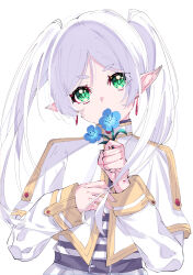Rule 34 | 1girl, blue flower, capelet, dangle earrings, earrings, elf, flower, flower over mouth, frieren, green eyes, hanamizuki yuuki, highres, holding, holding flower, jewelry, long hair, looking at viewer, nemophila (flower), parted bangs, pointy ears, shirt, simple background, solo, sousou no frieren, striped clothes, striped shirt, twintails, white background, white capelet, white hair