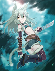 Rule 34 | 1girl, animal ears, belt, belt skirt, blue hair, boots, cat ears, cat tail, claw (weapon), grey hair, knee boots, midriff, mofu (mof swimradio), original, shorts, solo, tail, thighhighs, torn clothes, torn thighhighs, weapon, yellow eyes