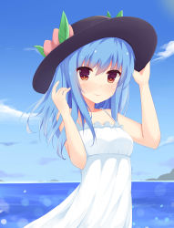 Rule 34 | 1girl, absurdres, alternate costume, bad id, bad pixiv id, blue hair, blurry, cloud, cloudy sky, day, depth of field, dress, food, fruit, hand on headwear, hat, highres, hinanawi tenshi, holding, holding clothes, holding hat, kirisame koiiro, light smile, long hair, looking at viewer, ocean, peach, red eyes, sketch, sky, solo, sundress, touhou, white dress