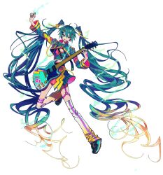 Rule 34 | 1girl, absurdly long hair, ahoge, akiakane, aqua eyes, aqua footwear, aqua hair, aqua nails, aqua skirt, arm up, belt, black belt, black footwear, blonde hair, colored tips, electric guitar, electricity, garter straps, glowing, gradient hair, grin, guitar, hair between eyes, hair ornament, halftone, hand up, hatsune miku, hatsune miku japan tour 2023 ~thunderbolt~, high collar, holding, holding instrument, holding plectrum, instrument, leg up, leg warmers, lightning bolt, lightning bolt-shaped pupils, lightning bolt hair ornament, lightning bolt symbol, long hair, long sleeves, looking at viewer, midriff, multicolored hair, nail polish, neon palette, official alternate costume, official art, pink hair, pleated skirt, plectrum, second-party source, shoes, shrug (clothing), simple background, single garter strap, skirt, smile, solo, symbol-shaped pupils, tachi-e, thigh strap, transparent background, triangle ring, twintails, two-sided fabric, two-sided skirt, two-sided sleeves, very long hair, vocaloid, wavy hair