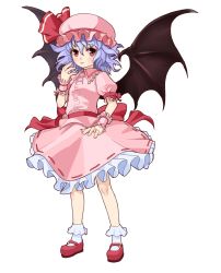 Rule 34 | 1girl, bad id, bad pixiv id, bat wings, blue hair, bobby socks, female focus, full body, kansou samehada, light purple hair, mary janes, red eyes, remilia scarlet, shoes, simple background, socks, solo, standing, touhou, wings, wrist cuffs