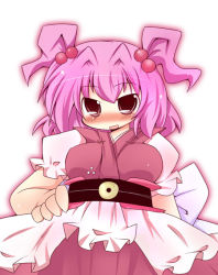 Rule 34 | 1girl, :o, alternate color, blush, breasts, dress, female focus, hair bobbles, hair ornament, large breasts, looking at viewer, muuba, obi, onozuka komachi, open mouth, pink hair, red dress, red eyes, sash, short hair, solo, touhou, twintails, two side up, underbust