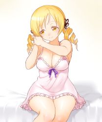 Rule 34 | 10s, 1girl, adjusting hair, blonde hair, breasts, cleavage, drill hair, female focus, large breasts, lingerie, mahou shoujo madoka magica, mahou shoujo madoka magica (anime), negligee, onsoku inu, sitting, smile, solo, thighs, tomoe mami, twin drills, twintails, underwear