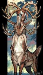 Rule 34 | 2others, antlers, blue background, body fur, brown fur, brown hair, commentary, conjoined, dated, deer tail, forest, full body, green background, green eyes, highres, holding hands, horns, li sakura, long hair, looking at another, medium hair, multicolored background, multiple others, nature, no mouth, no pupils, original, outdoors, outside border, pillarboxed, signature, symbol-only commentary, tail, taur, yellow eyes
