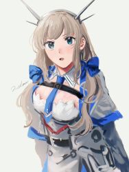 Rule 34 | 1girl, :o, aqua eyes, blue eyes, blue necktie, blue ribbon, breasts, brown hair, capelet, dress, hair ribbon, headgear, highres, kantai collection, long hair, long sleeves, maryland (kancolle), medium breasts, necktie, nidou, one-hour drawing challenge, parted lips, ribbon, signature, simple background, solo
