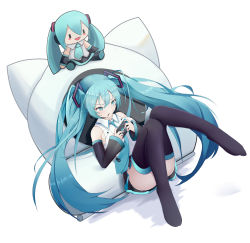 Rule 34 | 1girl, a shui, absurdres, aqua eyes, aqua hair, aqua necktie, bare shoulders, black skirt, black sleeves, black thighhighs, blush stickers, character doll, commentary, detached sleeves, food, grey shirt, hair ornament, handheld game console, hatsune miku, headphones, highres, holding, holding handheld game console, knees up, long hair, miniskirt, mouth hold, necktie, nintendo switch, no shoes, pleated skirt, pocky, raised eyebrow, shirt, sitting, skirt, sleeveless, sleeveless shirt, solid oval eyes, solo, thighhighs, twintails, very long hair, vocaloid