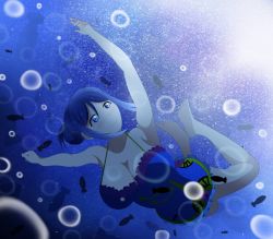 Rule 34 | 1girl, alternate hairstyle, artist name, artist request, bare legs, bare shoulders, barefoot, blue dress, blue hair, blue skirt, blush, breasts, cleavage, collarbone, dress, feet, female focus, fish, floating, full body, hair between eyes, highres, long hair, looking at viewer, love live!, love live! sunshine!!, matsuura kanan, medium breasts, ocean, outstretched arms, parted lips, ponytail, purple eyes, short hair, skirt, smile, solo, underwater, urei you