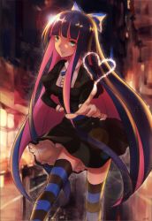 Rule 34 | 10s, 1girl, absurdres, black thighhighs, blue bow, blue hair, blue thighhighs, bow, breasts, colored inner hair, gothic lolita, green eyes, hair bow, hand on own hip, heart, highres, lolita fashion, long hair, long sleeves, multicolored hair, night, panty &amp; stocking with garterbelt, pink hair, puffy long sleeves, puffy sleeves, smile, solo, star (symbol), stocking (psg), striped clothes, striped thighhighs, thighhighs, tokikouhime, two-tone hair