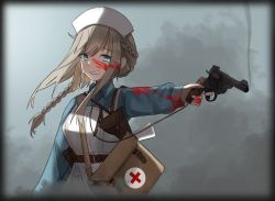 Rule 34 | 1girl, absurdres, apron, aqua eyes, blonde hair, blood, blood on face, braid, clenched teeth, commentary, cross, crying, crying with eyes open, finger on trigger, first aid kit, french braid, fte (fifteen 199), gun, handgun, hat, highres, holster, lanyard, long hair, military, nurse, nurse cap, original, red cross, revolver, simple background, smoke, solo, tears, teeth, weapon, webley revolver