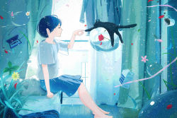 Rule 34 | 1girl, backlighting, barefoot, bed, bedroom, black cat, black hair, blue theme, bubble, cassette player, cassette tape, cat, coffee, commentary, cup, curtains, floating hair, flower, headphones, indoors, light smile, mug, muted color, nakamura yukihiro, on bed, original, petals, plant, poking, potted plant, profile, rose, scenery, short hair, sitting, skirt, solo, spilling, sunlight, surreal, window, wooden floor