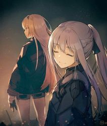 Rule 34 | 2girls, ak-12 (girls&#039; frontline), an-94 (girls&#039; frontline), blonde hair, blue eyes, braid, breasts, closed mouth, french braid, from side, girls&#039; frontline, gloves, hairband, jacket, light particles, long hair, long sleeves, looking at viewer, looking to the side, medium breasts, multiple girls, nagu, ribbon, short shorts, shorts, sidelocks, silver hair, smile, thighs, very long hair