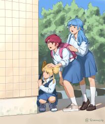 3girls absurdres black_footwear blonde_hair blue_hair blue_skirt hiding hiding_behind_another highres indonesian_commentary jkt48v kanaia_asa multiple_girls pia_meraleo red_hair school_uniform shoes skirt tana_nona tesaurus26 tile_wall tiles tree white_footwear