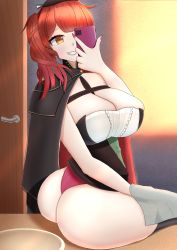 Rule 34 | 1girl, absurdres, ass, azur lane, bathroom, beret, breasts, cape, cleavage, door, hat, highres, huge ass, large breasts, lunar avenger, orange eyes, panties, phone, pulling own clothes, red hair, revealing clothes, selfie, side ponytail, sink, sitting, sitting on object, skindentation, smile, smug, solo, sunlight, thick thighs, thighhighs, thighs, towel, underwear, zara (azur lane)