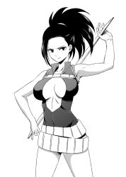 Rule 34 | &gt;:(, 10s, 1girl, asymmetrical bangs, belt, belt skirt, boku no hero academia, breasts, breasts apart, center opening, cleavage, covered navel, cowboy shot, female focus, frown, greyscale, high collar, highres, kiyosumi hurricane, large breasts, legs apart, leotard, long hair, midriff, monochrome, navel, ponytail, simple background, solo, standing, v-shaped eyebrows, white background, yaoyorozu momo