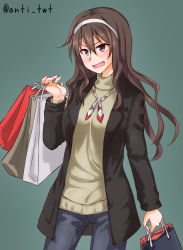 Rule 34 | 1girl, alternate costume, alternate eye color, anti (untea9), ashigara (kancolle), bag, black jacket, blazer, brown eyes, brown hair, commentary request, cowboy shot, denim, fang, grey background, hairband, highres, jacket, jeans, kantai collection, long hair, open mouth, pants, shirt, shopping bag, simple background, solo, standing, twitter username, wavy hair, yellow shirt
